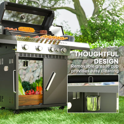 Outsunny 4+1 Burner Gas BBQ Grill with Clear View Lid, Portable Gas Barbecue Grill with Built-in Thermometer, Side Table, Cabinet, Wheels, Grease Tray for Garden Party Outdoor Cooking, Black 