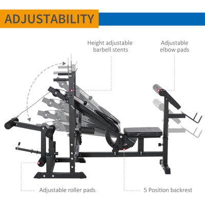 HOMCOM Multi-Exercise Full-Body Weight Rack with Bench Press, Leg Extension, Chest Fly Resistance Band & Preacher Curl 