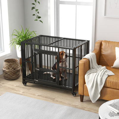 PawHut 43" Heavy Duty Dog Crate, Foldable Dog Cage, with Openable Top, Locks, Removable Tray, Wheels - Black 