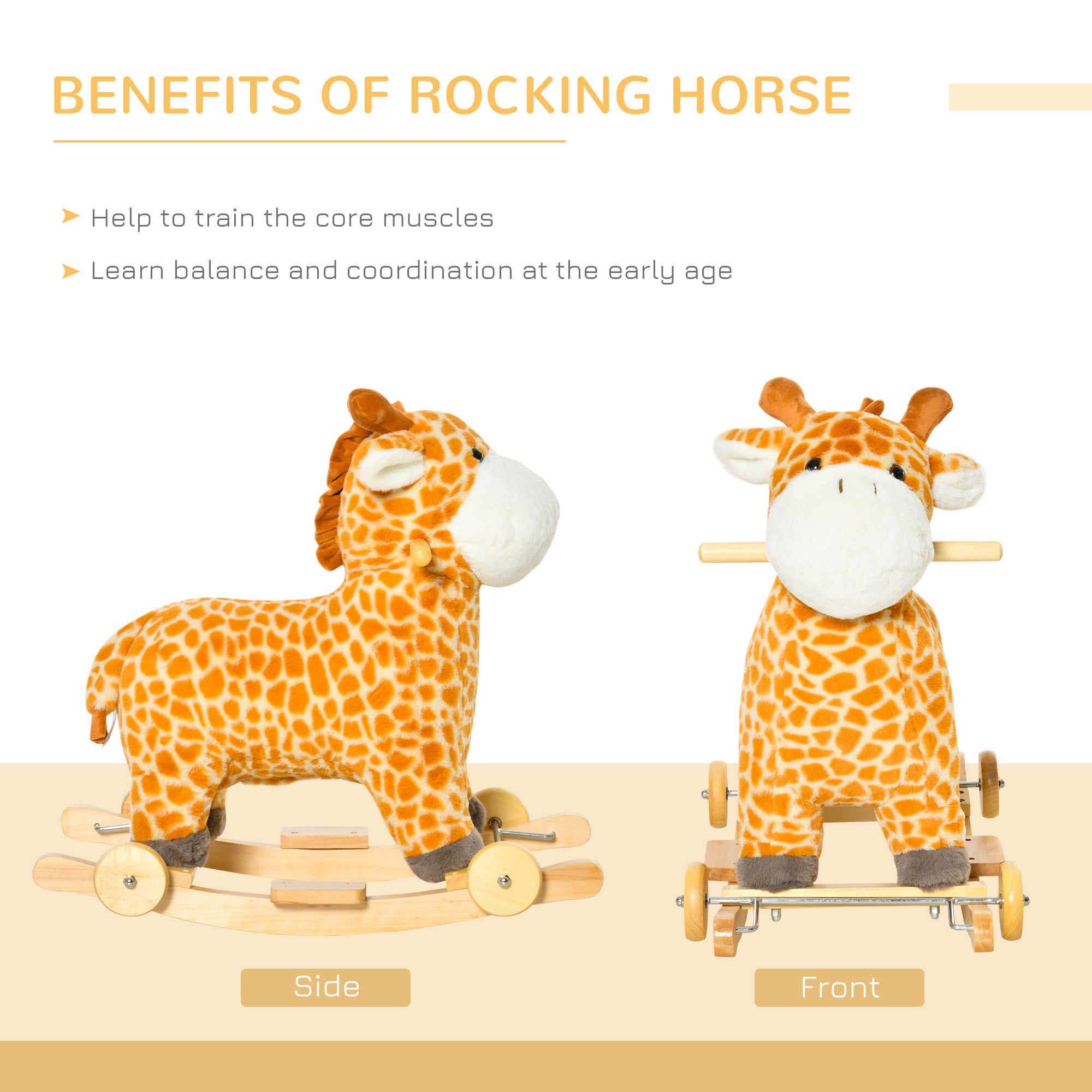 HOMCOM 2 In 1 Kids Todder Rocking Horse Plush Ride On Giraffe Rocker with Wheels Wooden Base Animal Sounds for 3-6 Years 
