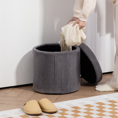 HOMCOM 40cm Round Storage Ottoman, Corduroy Footstool with Removable Lid and Legs, Vanity Stool for Living Room, Bedroom, Grey 