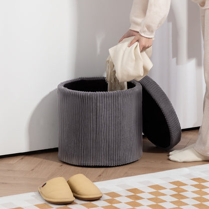 HOMCOM 40cm Round Storage Ottoman, Corduroy Footstool with Removable Lid and Legs, Vanity Stool for Living Room, Bedroom, Grey 