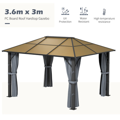 Outsunny 3 x 3.6m Garden Aluminium Gazebo Hardtop Roof Canopy Marquee Party Tent Patio with Mesh Curtains & Side Walls - Grey 