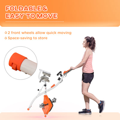 HOMCOM 2-in-1 Folding Exercise Bike with 8-Level Magnetic Resistance, Arm Resistance Band, Pulse Sensor, Orange 
