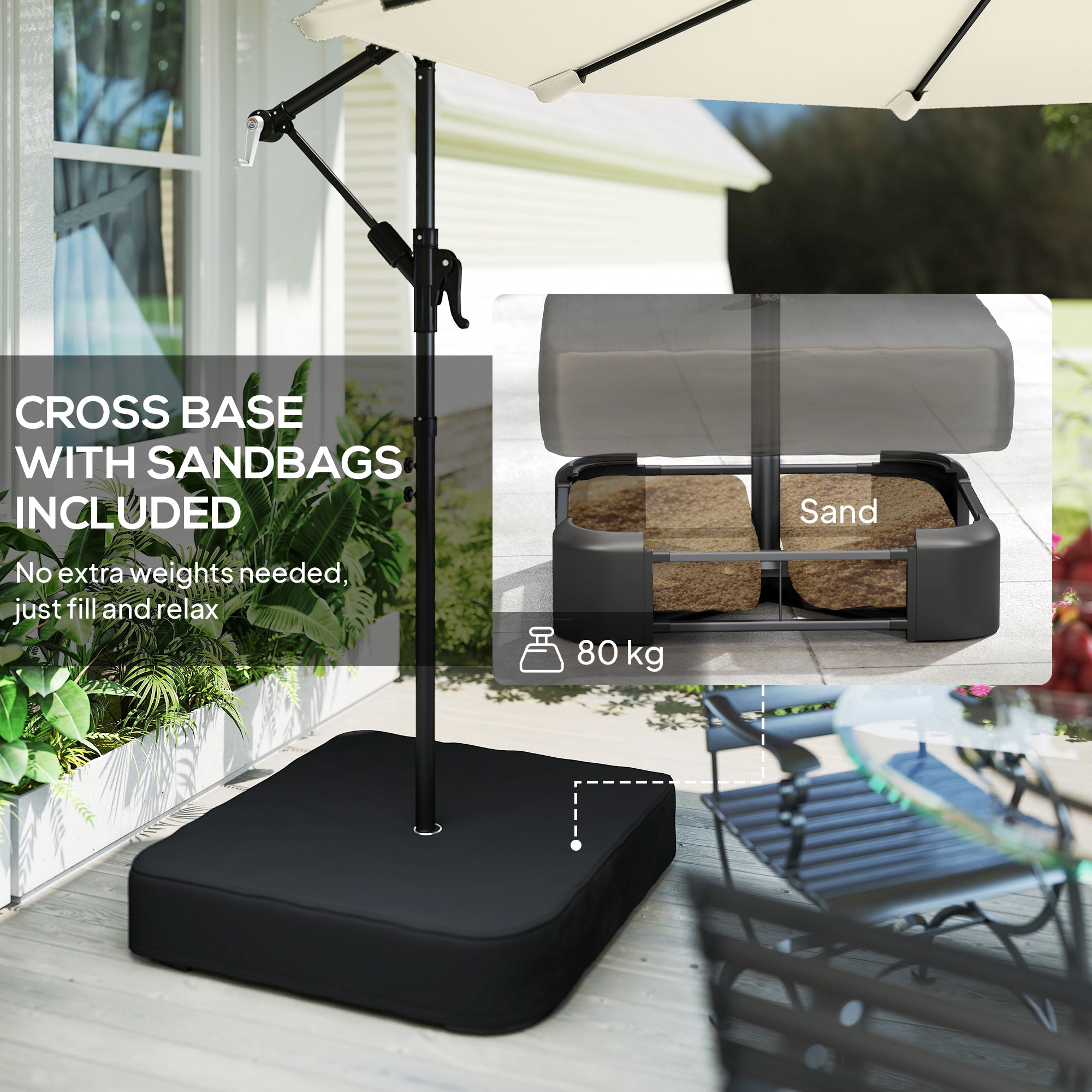Outsunny 3 m Garden Cantilever Parasol with Cross Base, Sandbag, 360° Rotating Overhanging Banana Umbrella, Cream White 