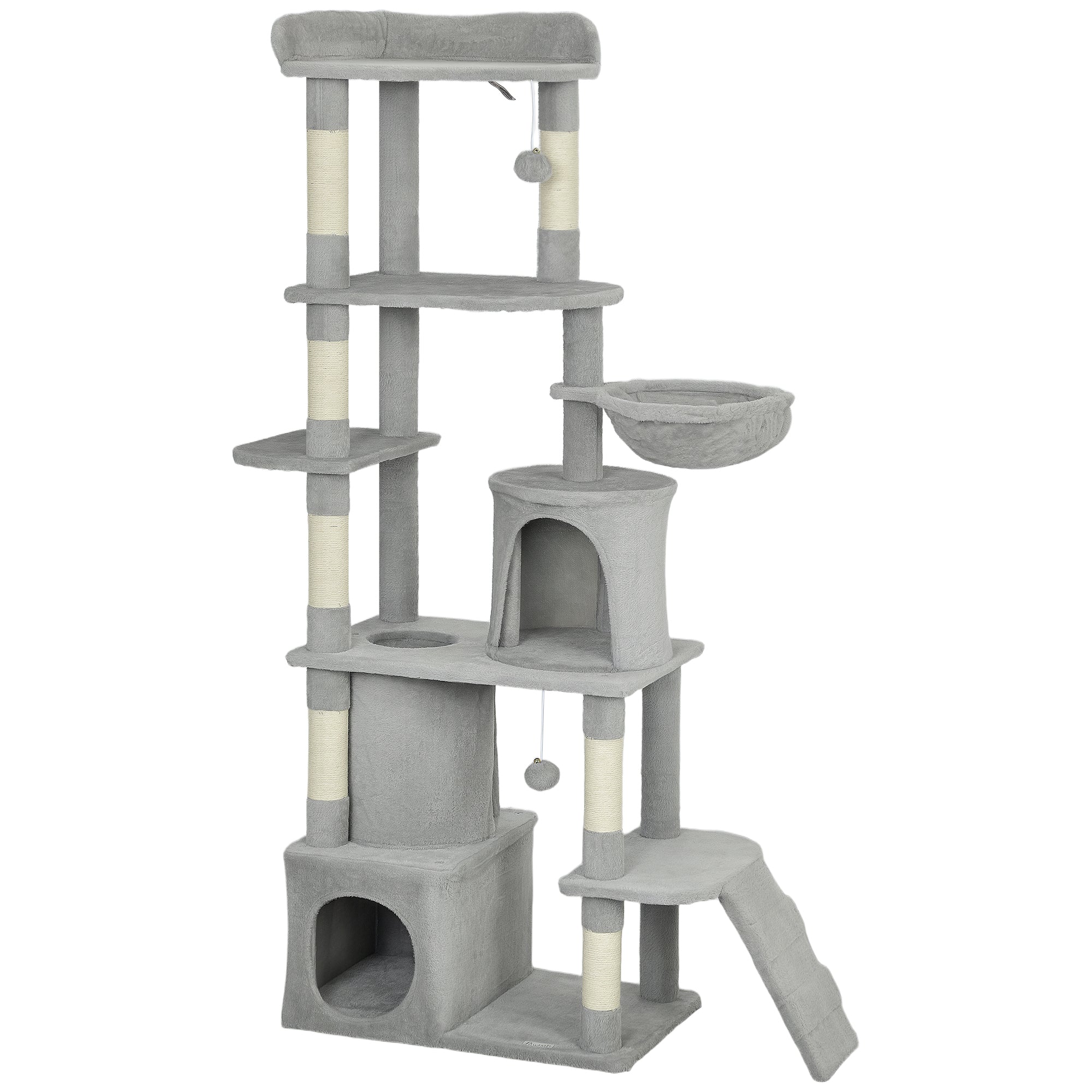 PawHut 170 cm Large Cat Tree, Cat Tower with 7 Scratching Posts, 2 Condos, Hammock,  Light Grey 