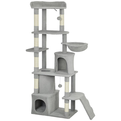 PawHut 170 cm Large Cat Tree, Cat Tower with 7 Scratching Posts, 2 Condos, Hammock,  Light Grey 
