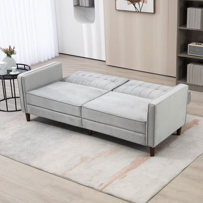 HOMCOM Modern Convertible Sofa Futon Velvet-Touch Tufted Couch Compact Loveseat with Adjustable Split Back, Light Grey 