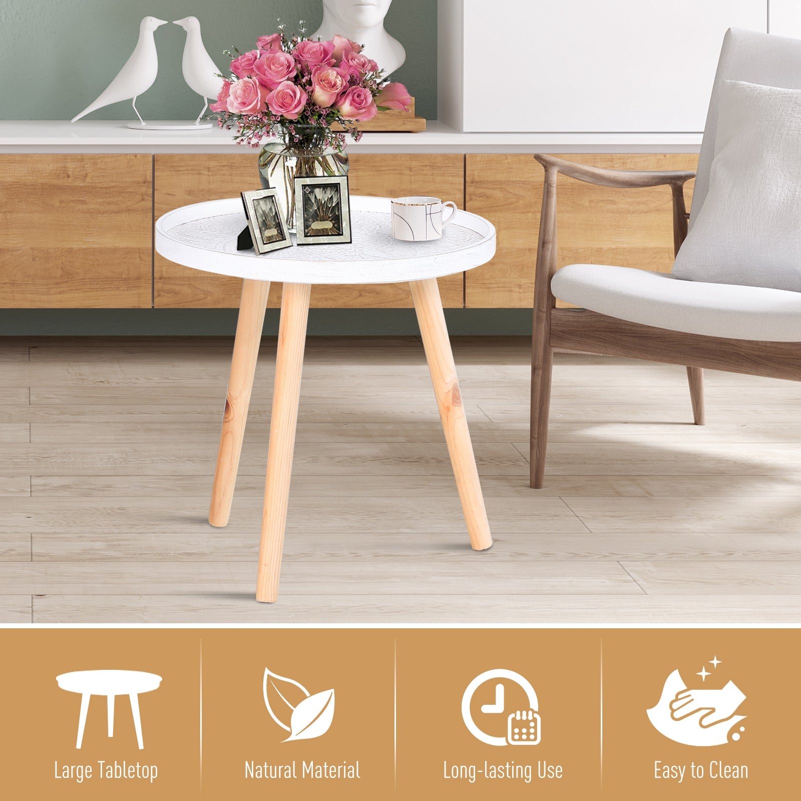 HOMCOM Coffee Table, Carved Floral Round Table with Tray-style Top and Wood Legs, Modern Side Table for Living Room, White 