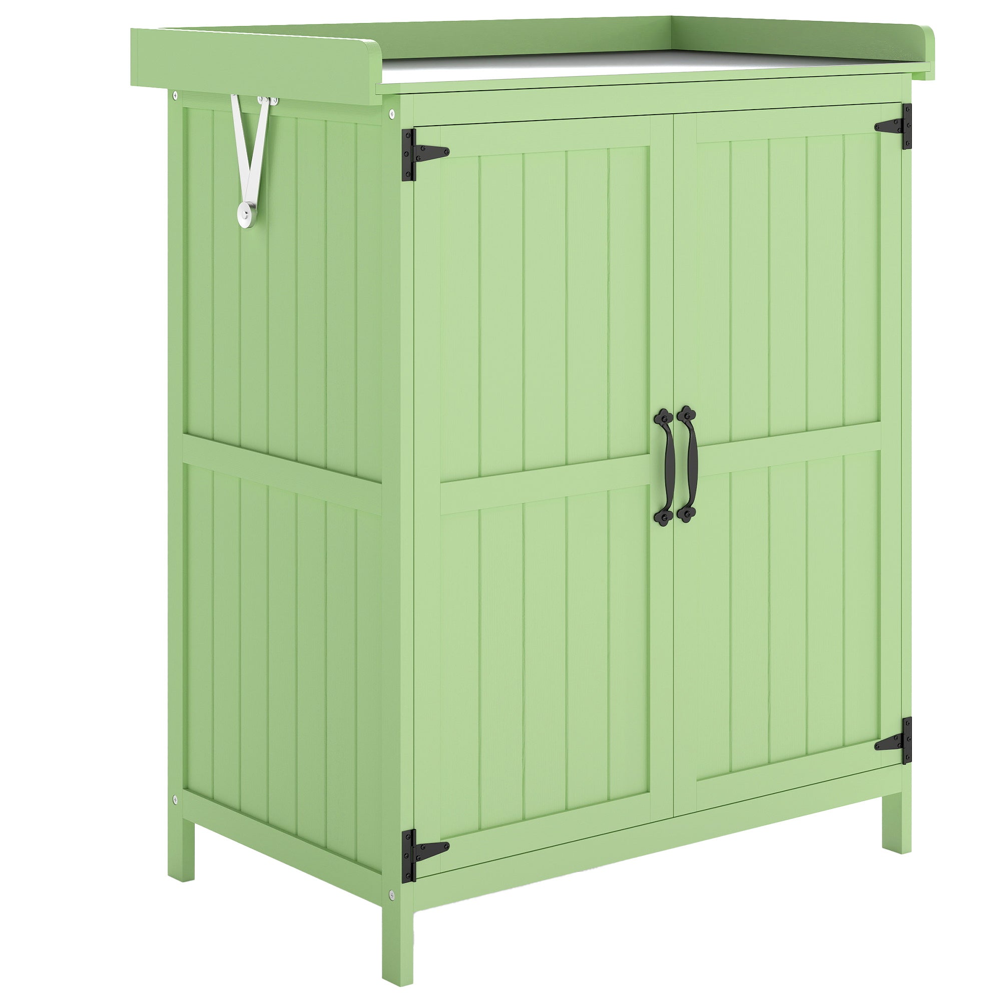Outsunny Wooden Garden Shed, Garden Tool Storage Shed with Hinged Roof and Shelf, Outdoor Storage Cabinet with Double Doors, Light Green 