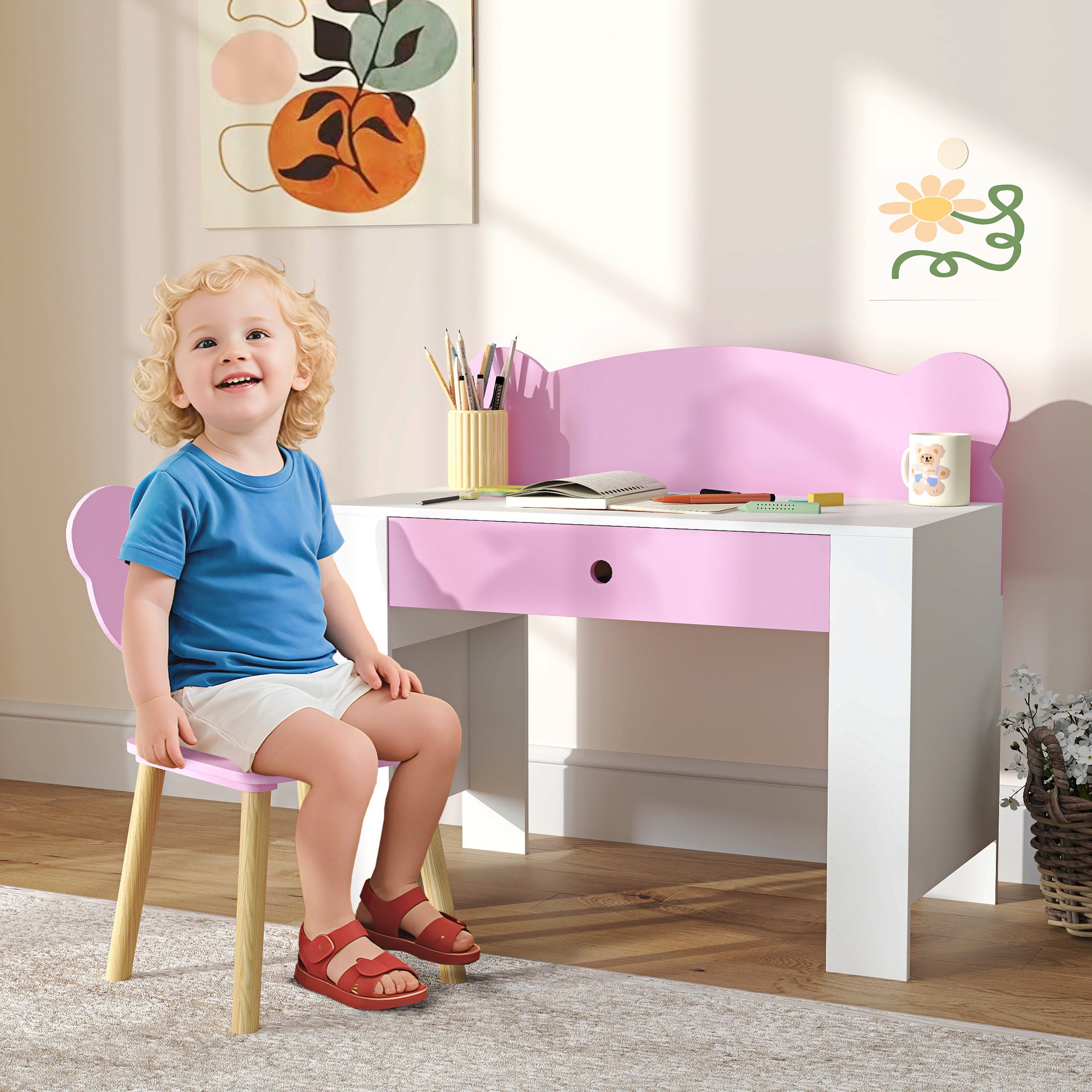 AIYAPLAY Kids Desk and Chair Set with Drawer for Drawing, Reading, Bear Theme Children Furniture for Bedroom, Daycare, Pink 