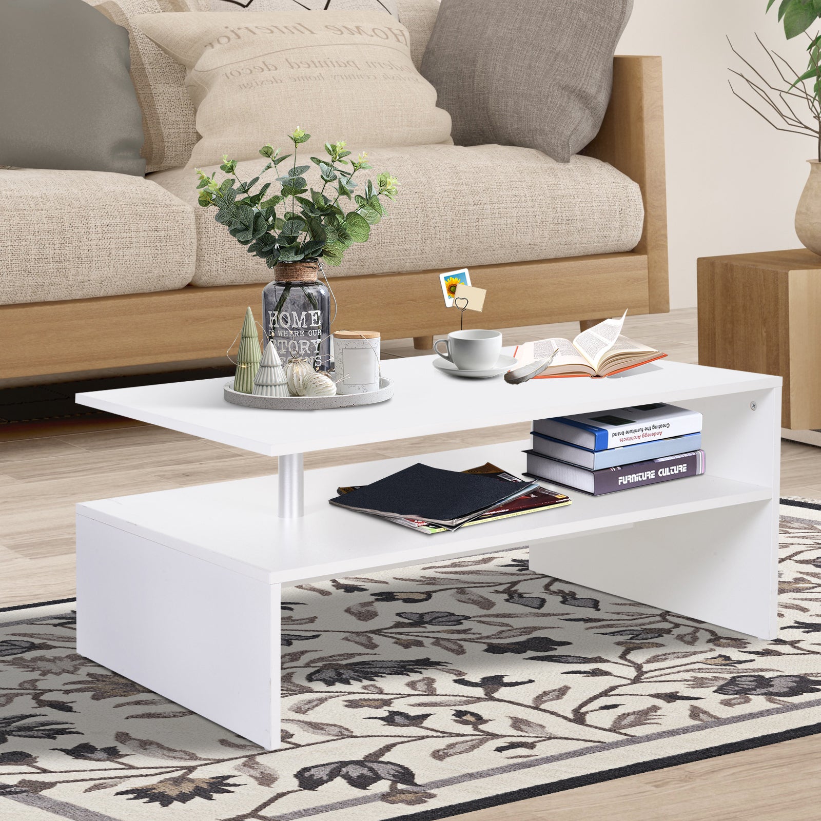 HOMCOM Coffee Table with Storage, 2-Tier Centre Table, Modern Living Room Table with Open Shelf and Aluminium Poles, White 