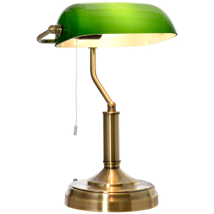 HOMCOM Banker's Desk Lamp with Antique Bronze Tone Base, Table Lamp with Green Glass Shade for Home Office, Green 
