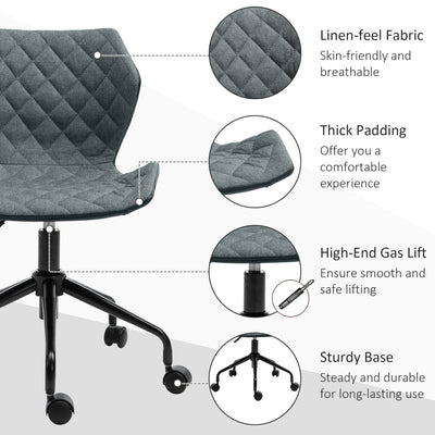 HOMCOM Office Computer Desk Chair, Swivel Task Chair no Arms, Fabric Study Chair with Adjustable Height and Rolling Wheels for Home Work, Grey 