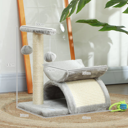 PawHut Cat Tree, Cat Tower for Kittens, Small Cat Condo with Rotatable Top Bar, Sisal Scratching Post, Tunnel, Dangling Balls - Grey 