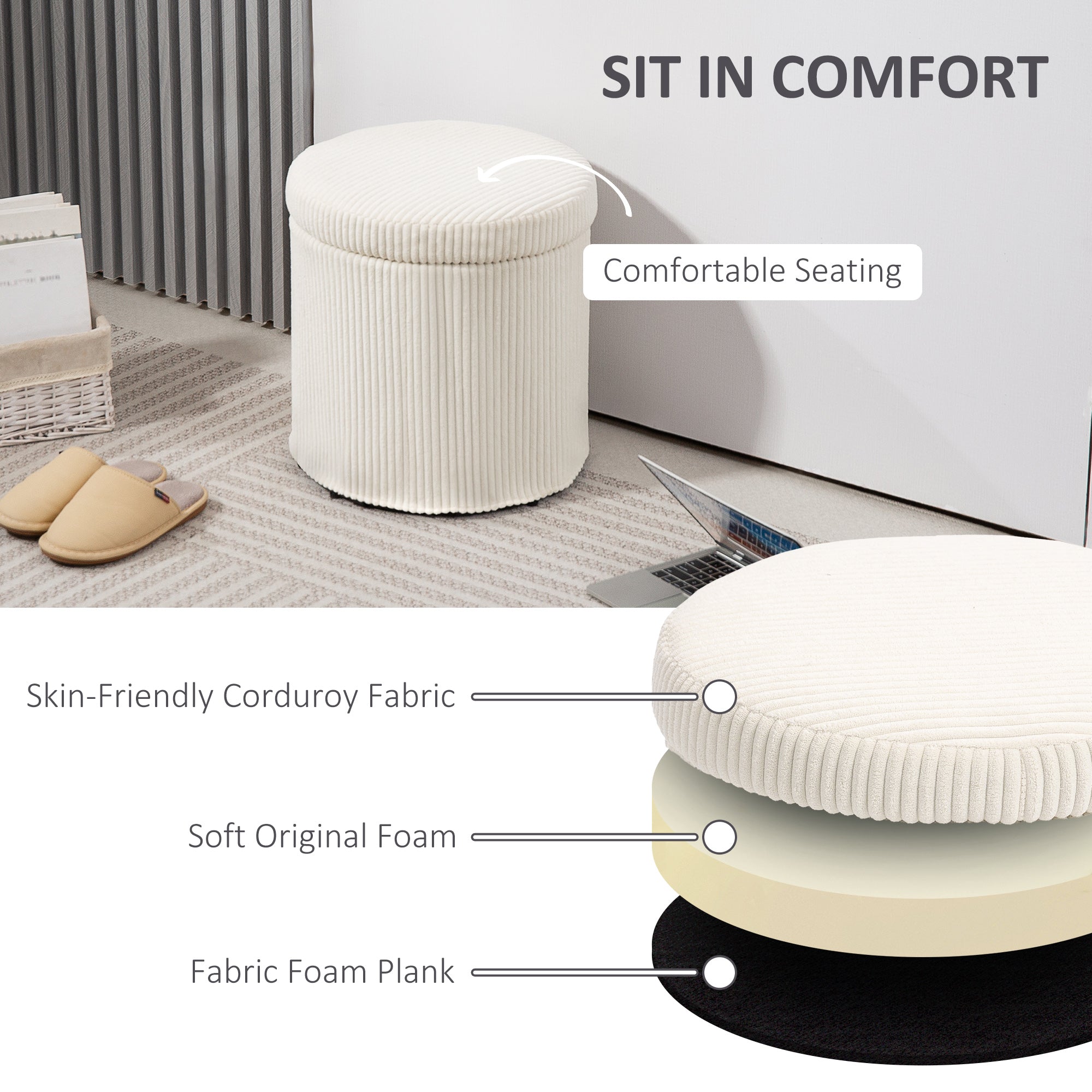 HOMCOM 40cm Round Storage Ottoman, Corduroy Footstool with Removable Lid and Legs, Vanity Stool for Living Room, Bedroom, Beige 
