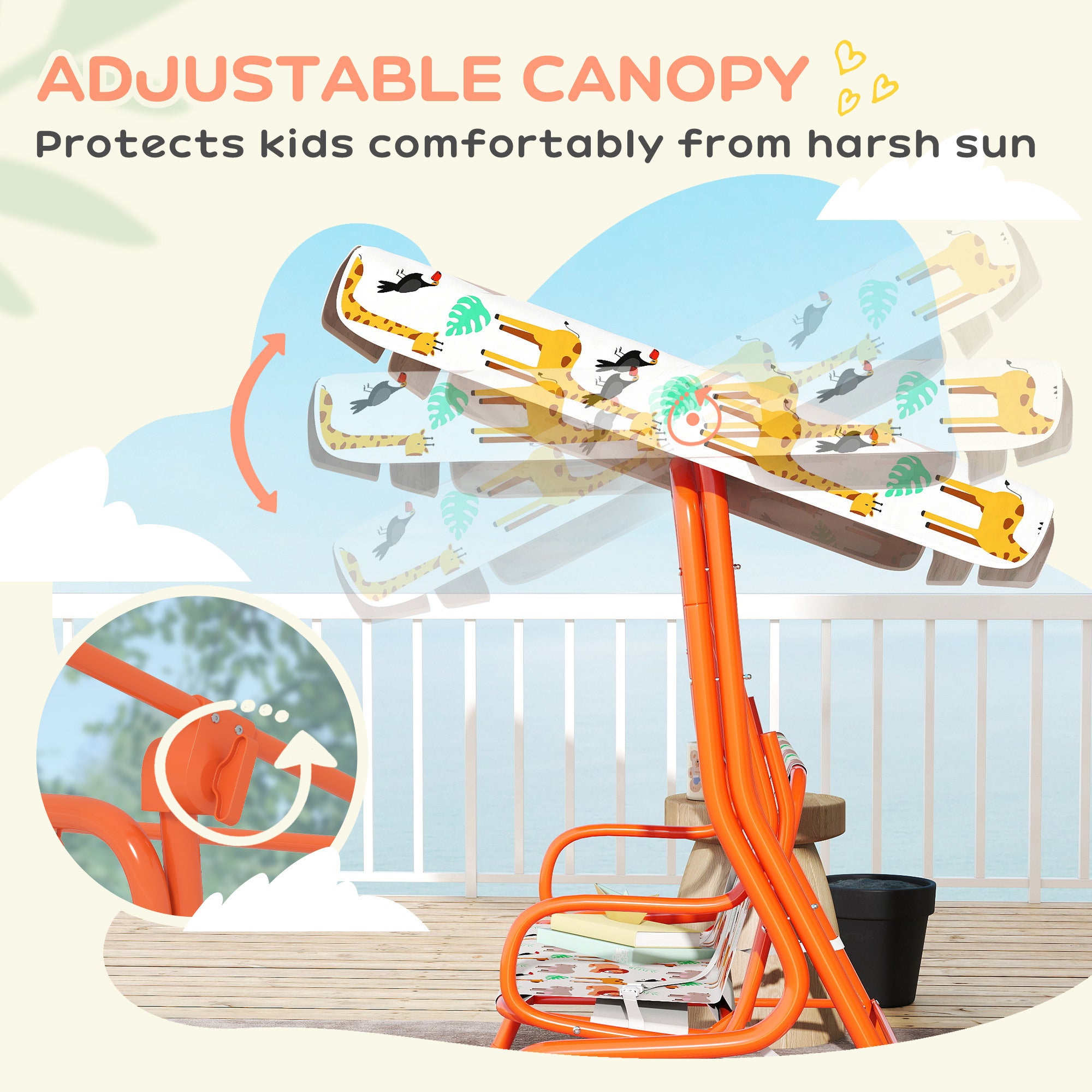 AIYAPLAY Kids Porch Swing, 2-Seater Patio Swing Bench Hammock with Seat Belts, Adjustable Canopy for Garden, Orange 