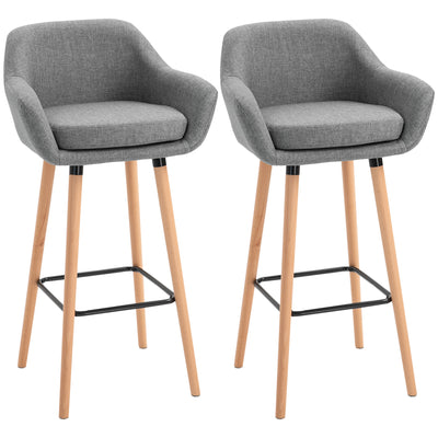 HOMCOM Set of 2 Bar Stools Modern Upholstered Seat Bar Chairs w/ Metal Frame, Solid Wood Legs Living Room Dining Room Fabric Furniture - Grey 