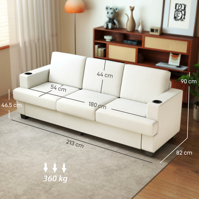 HOMCOM 3 Seater Sofa with USB Ports & Cup Holders - Cream White 