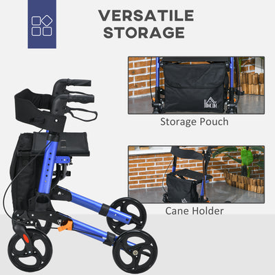 HOMCOM 4 Wheel Rollator with Seat and Back, Folding Mobility Walker with Carry Bag, Adjustable Height, Dual Brakes, Cane Holder, Lightweight Aluminium Walking Frame for Seniors and Disabled, Blue 