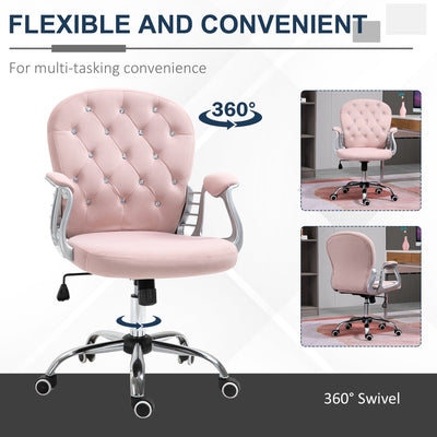 Vinsetto Office Chair, Swivel Desk Chair, Velvet Vanity Chair with Adjustable Height and Rolling Wheels for Home Work Study, Pink 