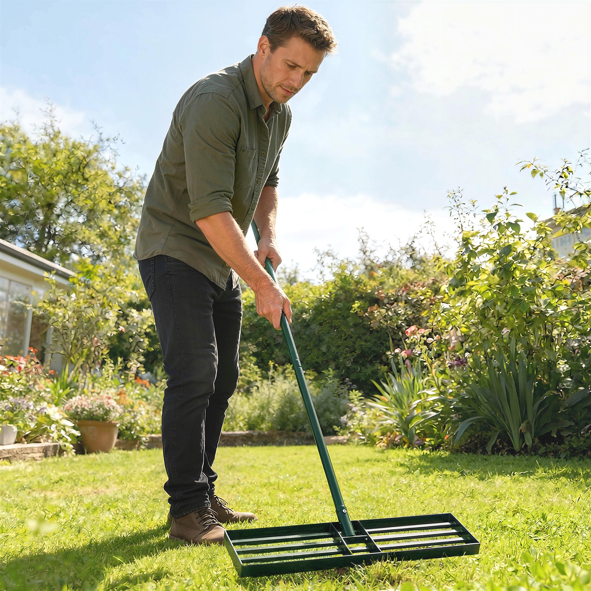 Outsunny Lawn Levelling Rake, 76 x 26 cm Lawn Leveller Lute with 169 cm Handle for Grass Soil Sand Yard Golf Course 