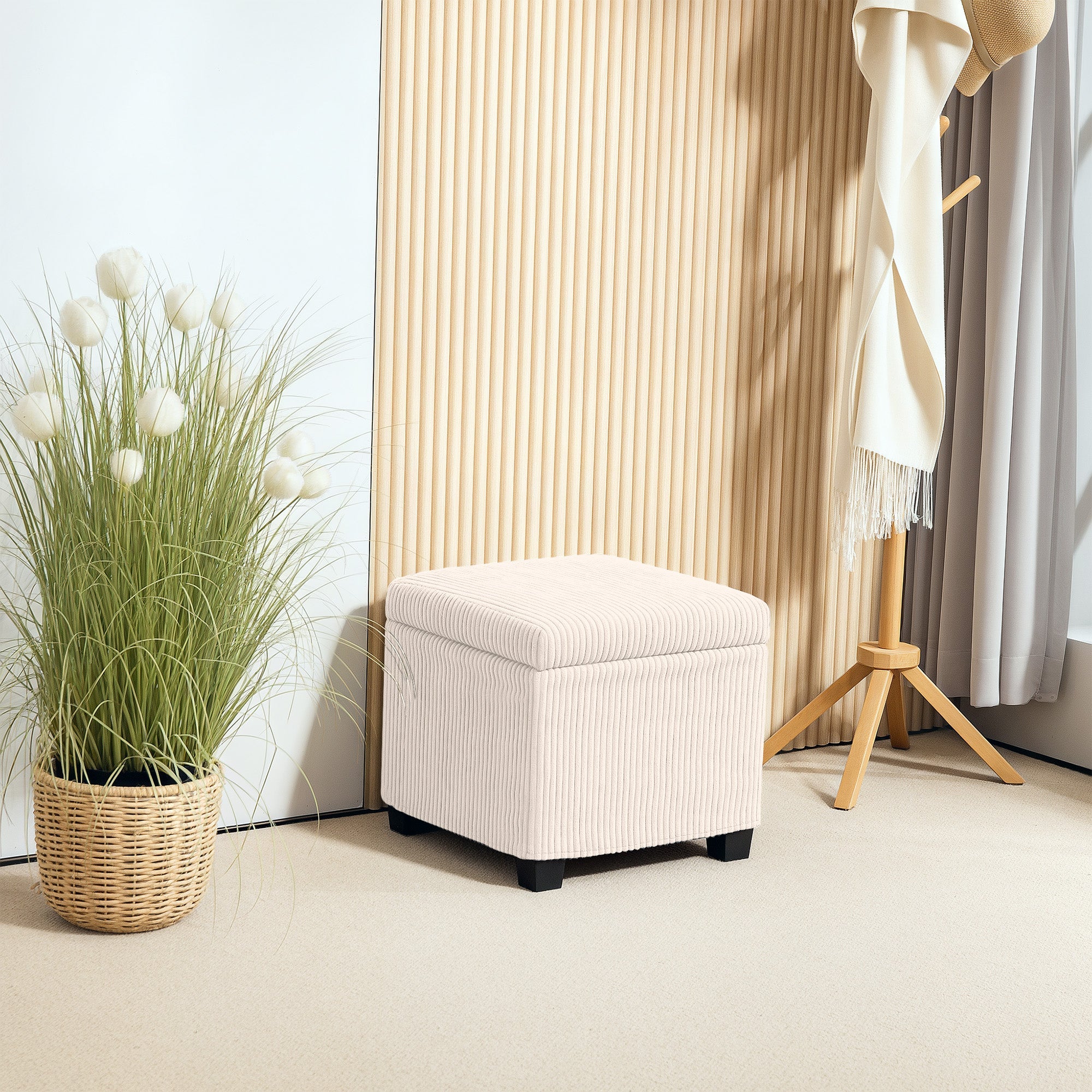HOMCOM Storage Ottoman Bench, Corduroy Footstool with Removable Lid and Legs, 40cm Storage Chest Box for Living Room, Bedroom, Hallway, Beige 
