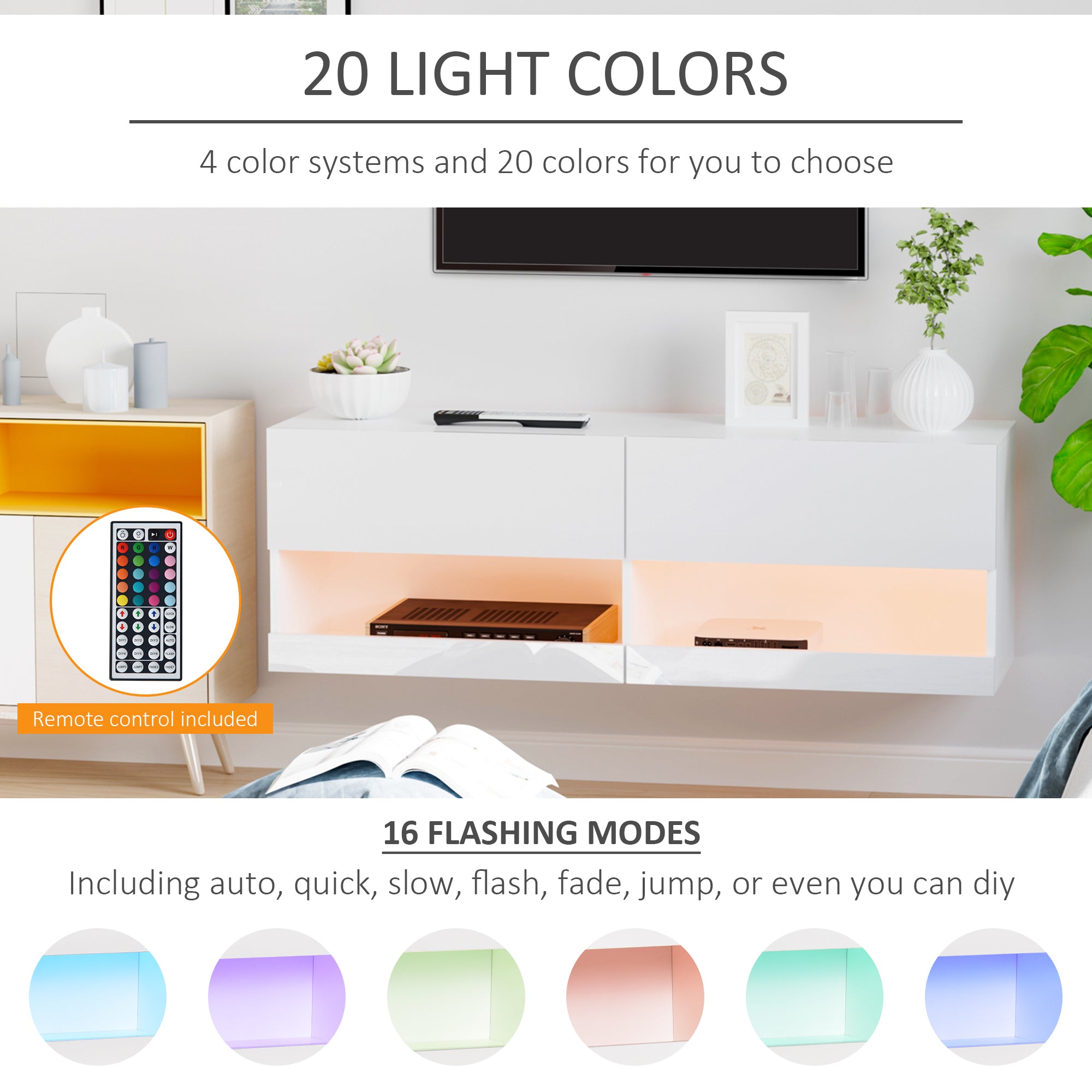 HOMCOM High Gloss TV Stand Cabinet with LED Lights, Wall Mount Media Unit for TVs up to 42 Inch for Living Room Bedroom 
