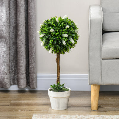 HOMCOM Set of 2 Decorative Artificial Plants Ball Trees with Flower for Home Indoor Outdoor Decor, 60cm ,White 