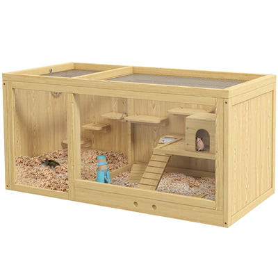 PawHut Wooden Hamster Cage with Water Bottle, Platforms, Openable Roof, Sliding Tray, Hut, Seesaws, Natural Wood Finish 