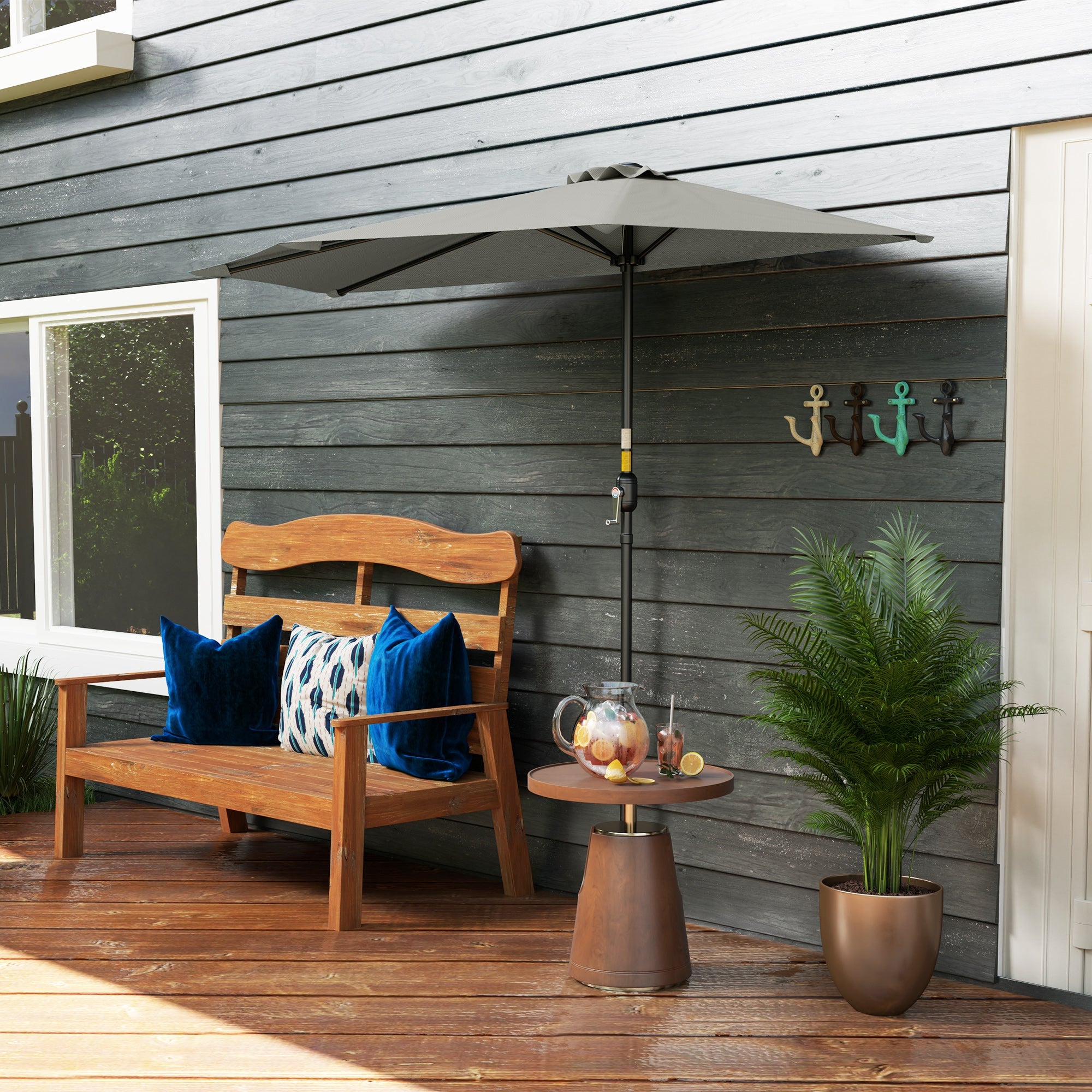 Outsunny Half Round Parasol Umbrella - Light Grey 