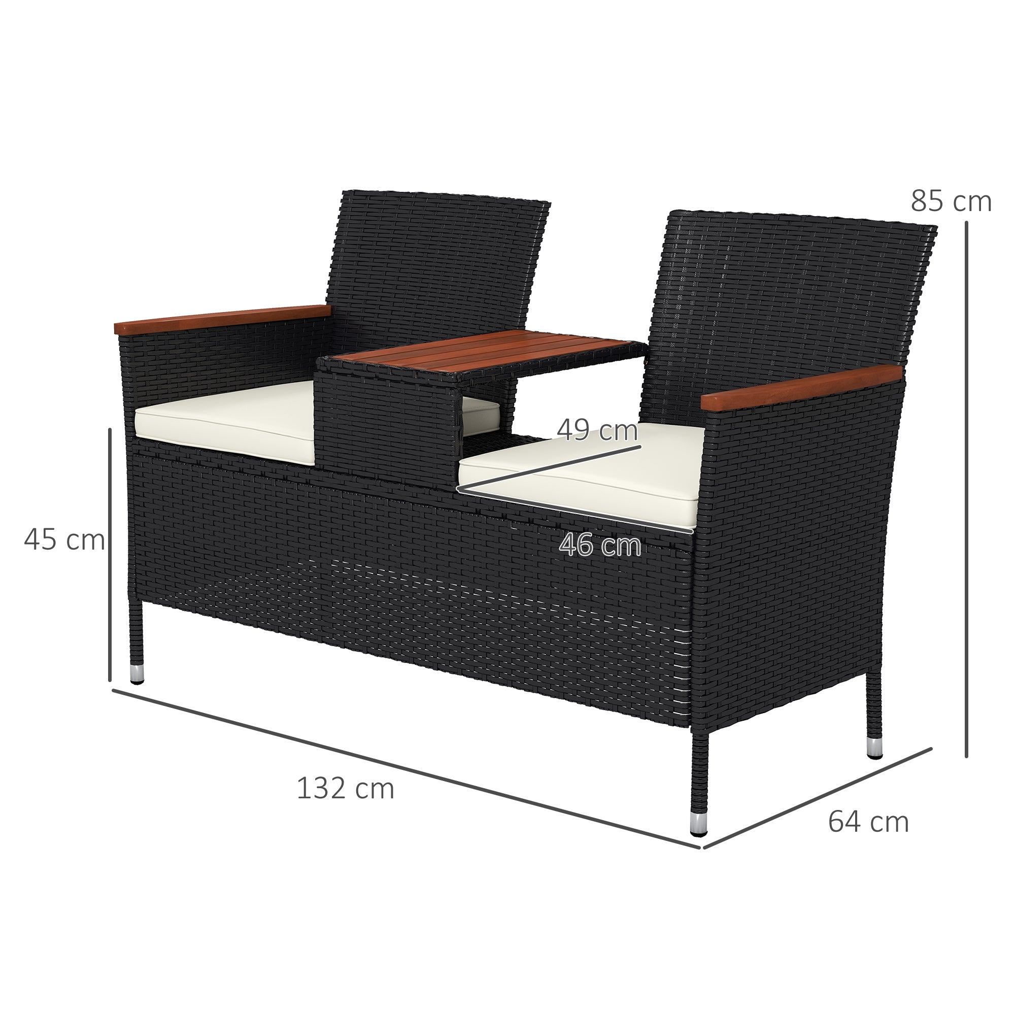 Outsunny Two-Seat Rattan Loveseat, with Wood-Top Middle Table - Black 