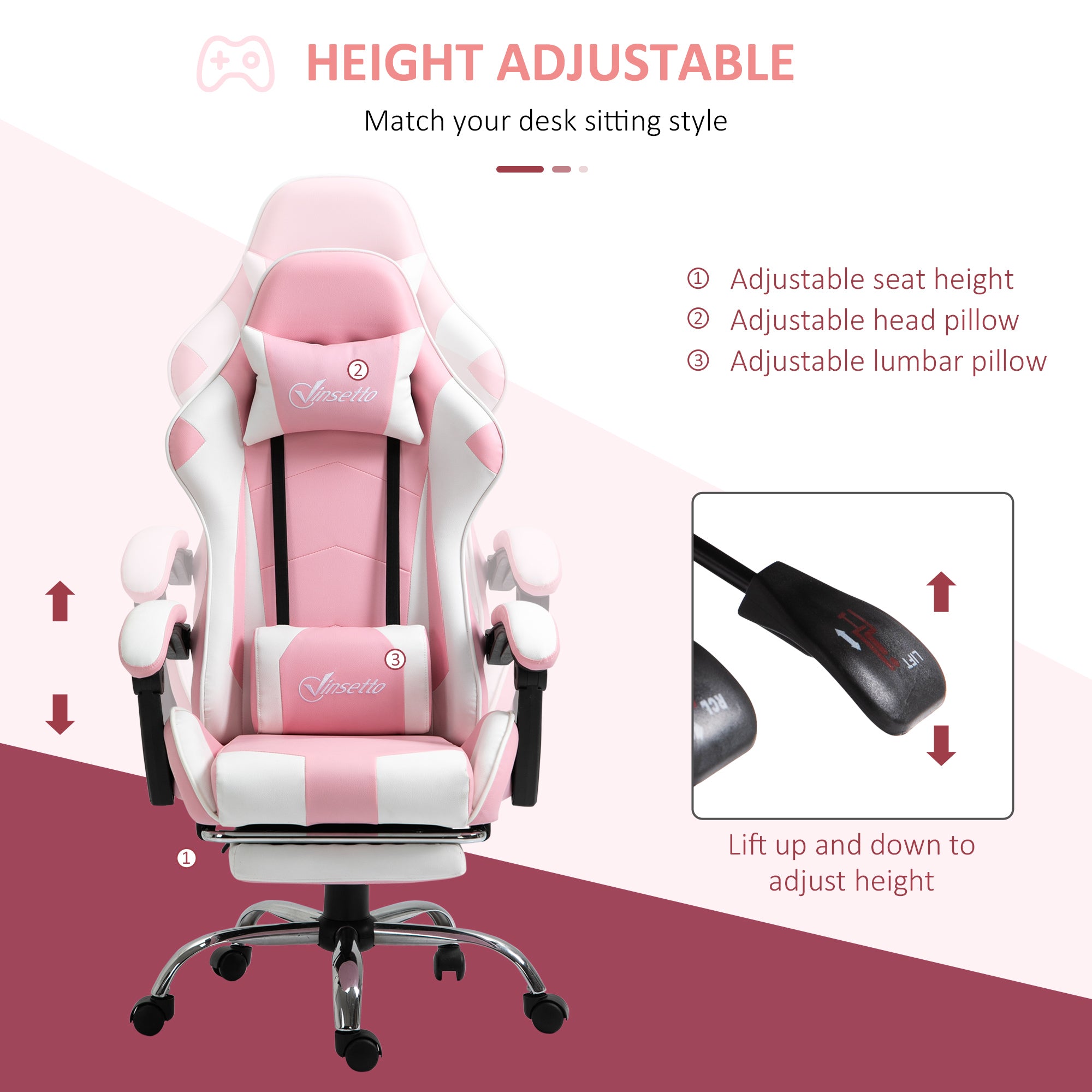 Vinsetto Pink Computer Gaming Chair, Desk Chair with 135\'c2\'b0 Reclining Back and Retractable Footrest, Adjustable PU Leather Lumbar Support and Headrest, Steel Base for Adults, Girls
