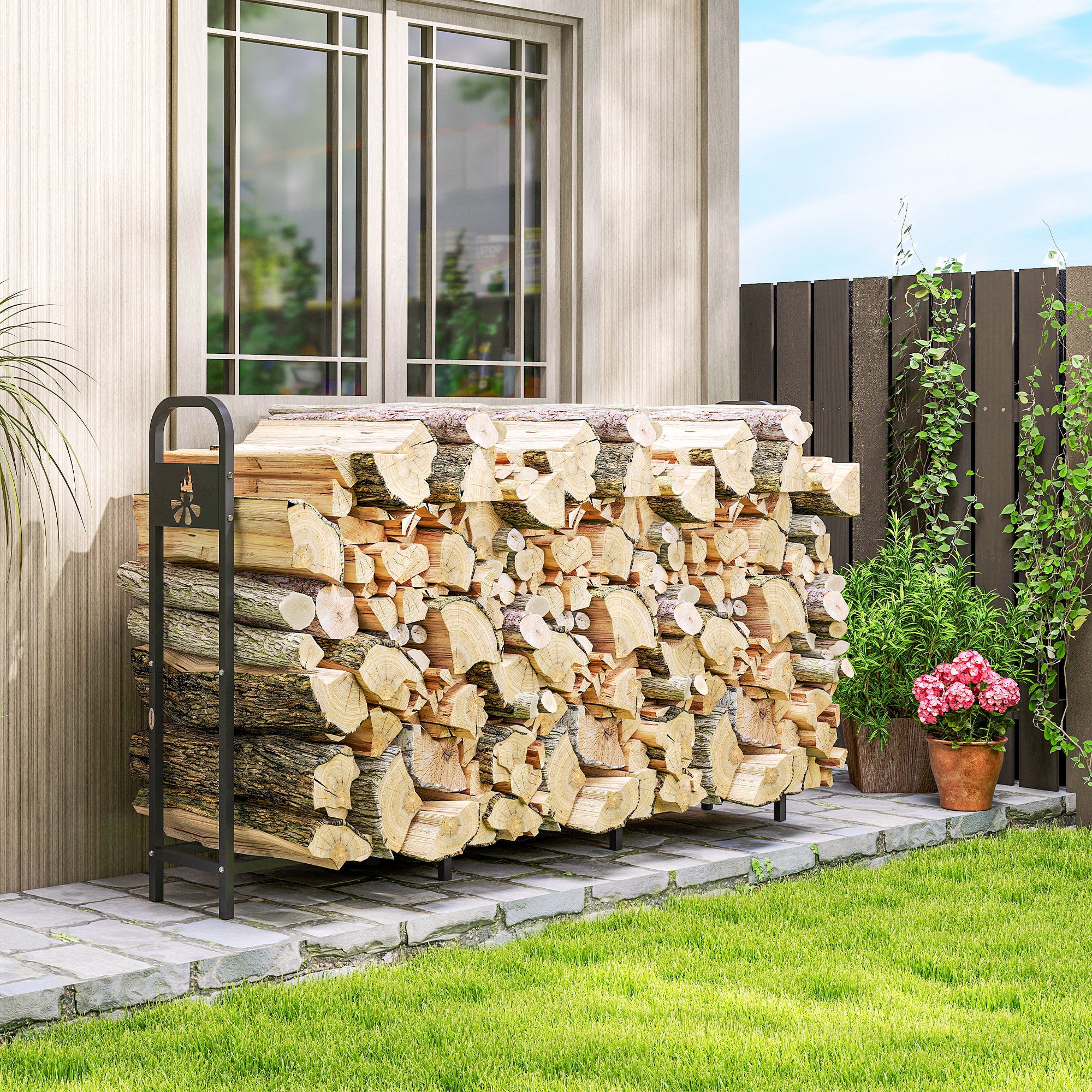 Outsunny 6.5 FT Steel Firewood Log Rack with 300 kg Capacity, Heavy Duty Indoor Outdoor Fireplace Wood Storage Shelf, Log Holder/Stand with Extra Support Legs, Decorative Bonfire Pattern, Black 