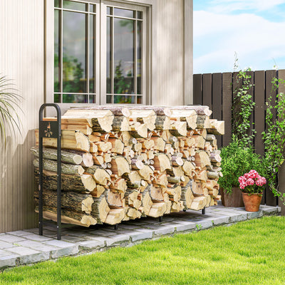 Outsunny 6.5 FT Steel Firewood Log Rack with 300 kg Capacity, Heavy Duty Indoor Outdoor Fireplace Wood Storage Shelf, Log Holder/Stand with Extra Support Legs, Decorative Bonfire Pattern, Black 