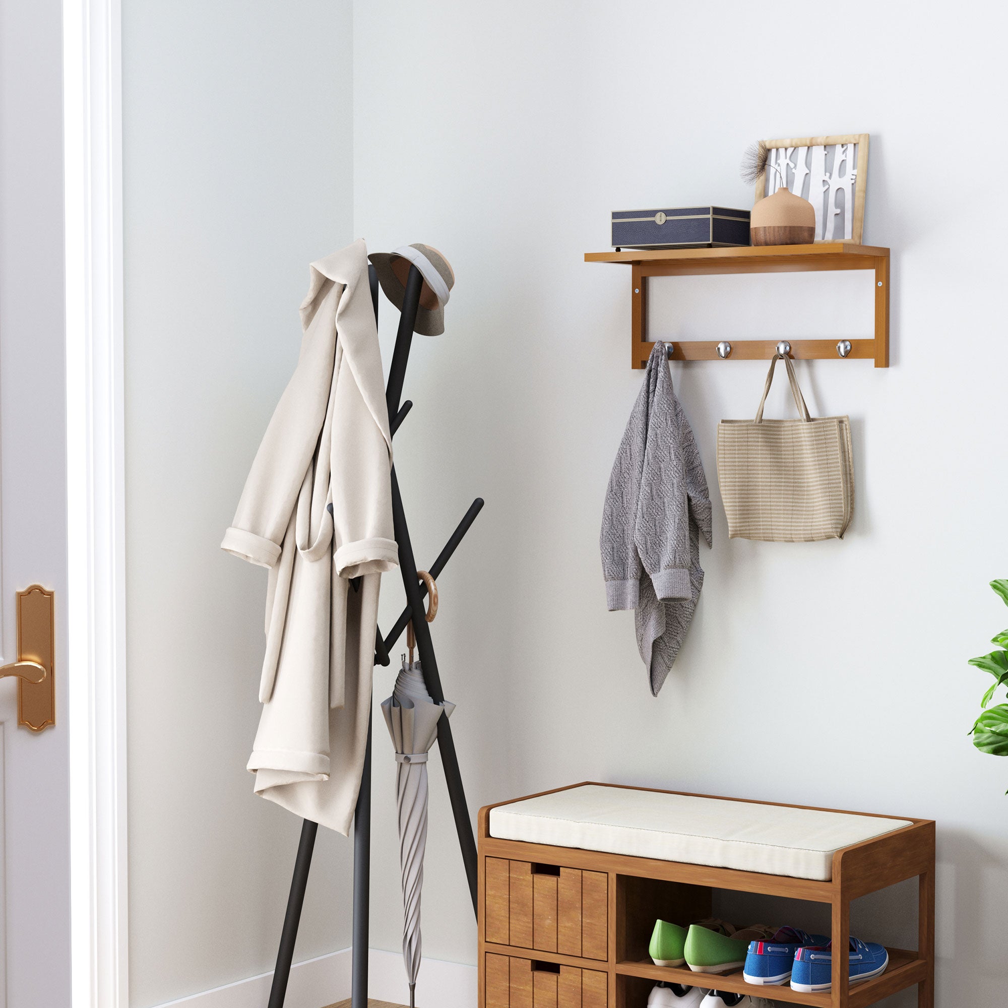 HOMCOM Wall Mounted Coat Clothes Hat Hanger 4 Hooks Rack Stand with Rail & Storage Shelf for Hallway Entryway Bedroom Bathroom 