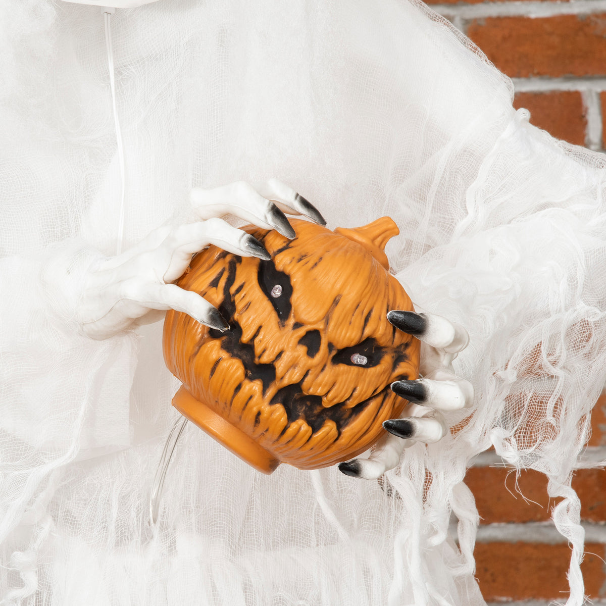 Outsunny 74 Inch Halloween Decorations White Witch Holding Pumpkin Head, Standing Skeleton Ghost Prop Life Size with Light Up Eyes and Body 