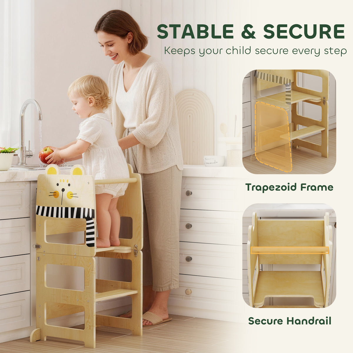 AIYAPLAY Toddler Step Stool, Standing Tower with Chalkboard, 3-in-1 Cat-Shaped Step Stool for Kitchen Counter, Natural 
