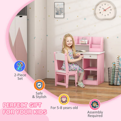 ZONEKIZ Two-Piece Kids Desk and Chair Set with Storage, for Ages 5-8 Years - Pink 