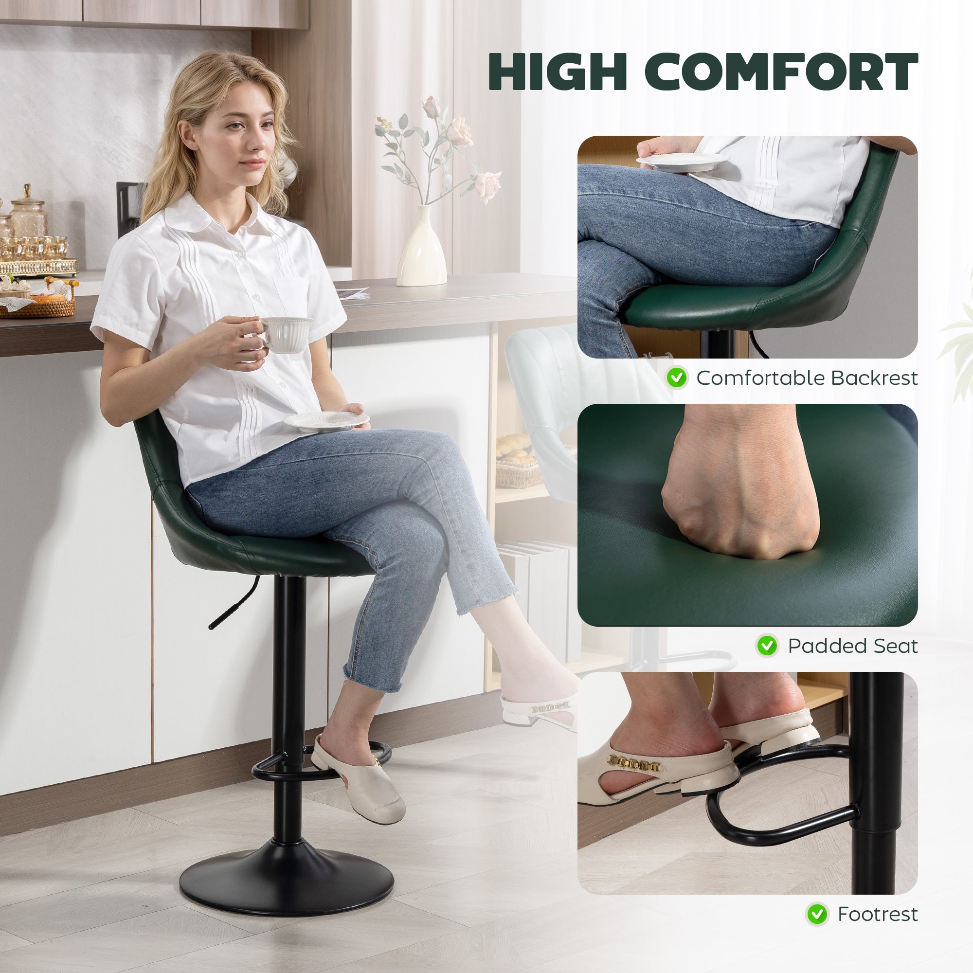HOMCOM Set of Two Faux Leather Bar Stools - Dark Green 