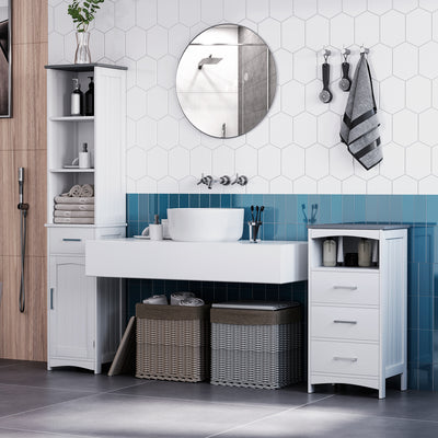 kleankin Tall Bathroom Storage Cabinet with 3 Tier Shelf, Cupboard, Drawer, Door, Freestanding Linen Tower, Slim Side Organizer, White 