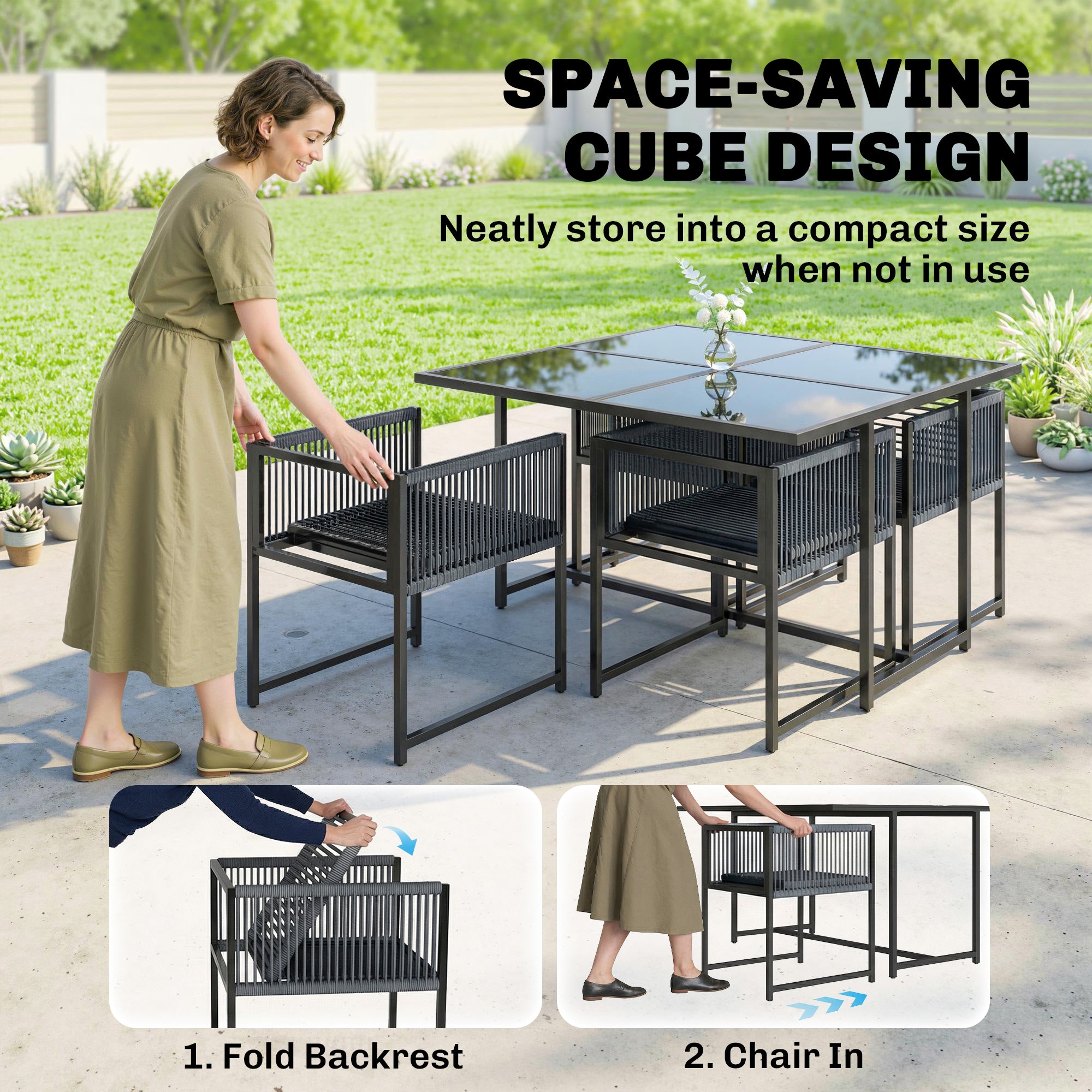 Outsunny 5 Pieces Garden Dining Set, Outdoor Patio Cube Set, 4 Seater Outdoor Table and Chairs with Foldable Backrest, Dark Grey 