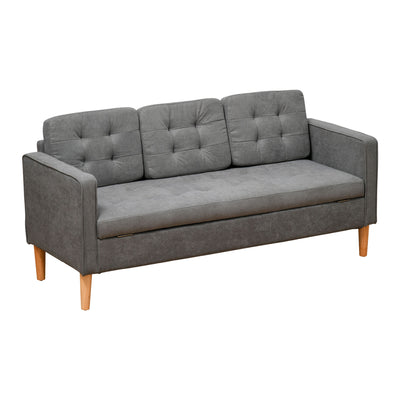 HOMCOM Modern 3 Seater Sofa with Hidden Storage, 169cm Tufted Cotton Couch with Wood Legs, Compact Sofa for Living Room, Grey 