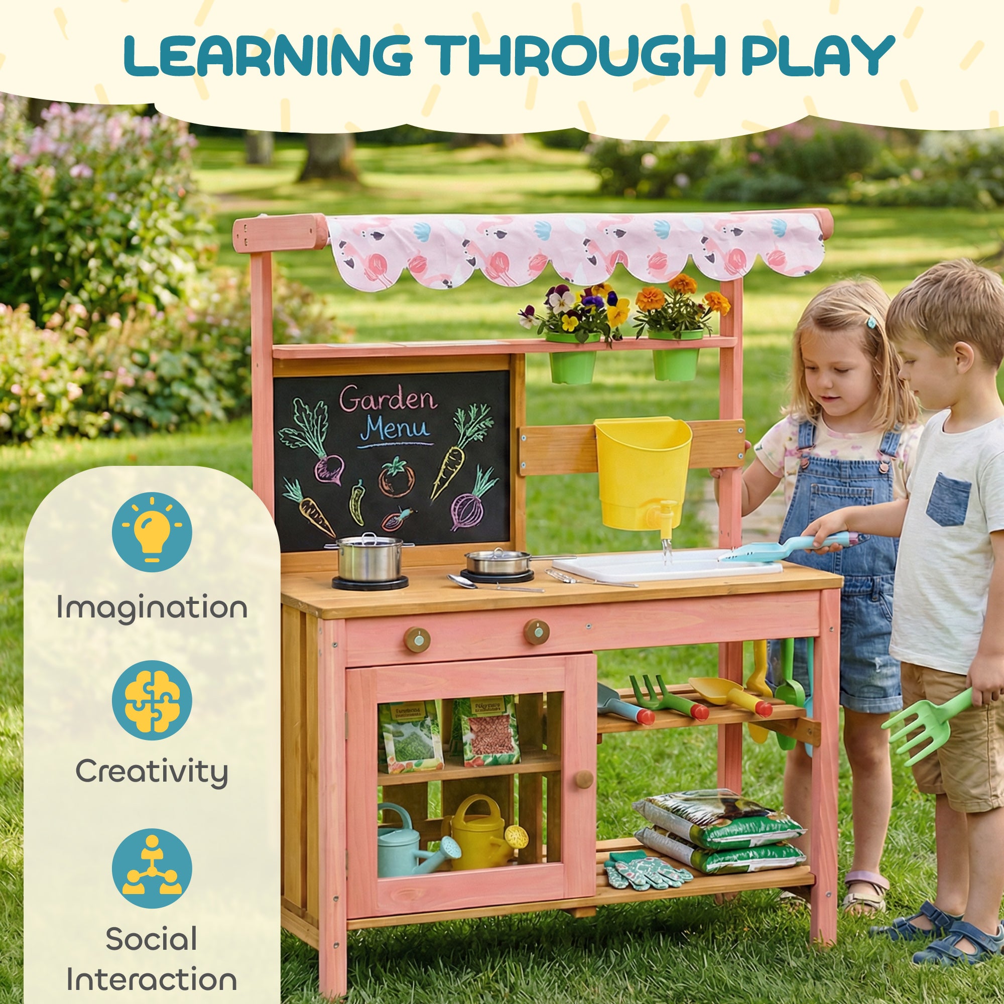 AIYAPLAY Kids Mud Kitchen with Canopy, Outdoor Wooden Play Kitchen with Planter Box, Accessories for Age 3-6, Pink 