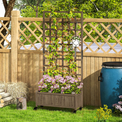 Outsunny Wooden Trellis Planter, Raised Garden Bed with Wheels, to Climb and Grow Vegetables, Herbs and Flowers, Brown 