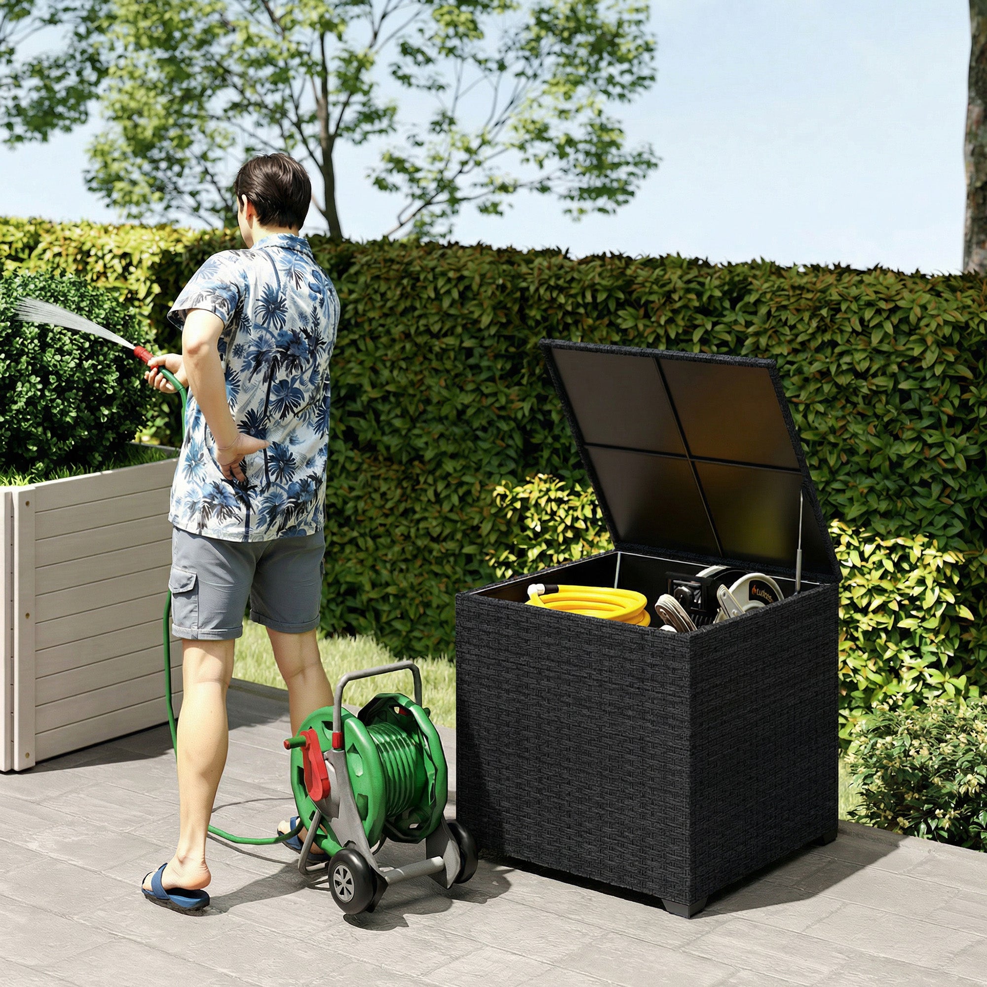 Outsunny 253L Garden Storage Box, Rattan Deck Box with Zipped Liner, Safe Pneumatic Rod, Patio Storage Container, Black 