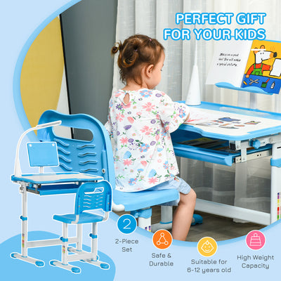 HOMCOM Kids Study Desk and Chair Set w/ Adjustable Height, Storage, Drawer, Blue 