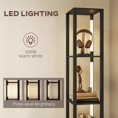 HOMCOM Floor Lamp with Shelves, LED Column Modern Standing Lamp with Fabric Drawer, Adjustable Brightness, Foot Switch for Living Room, Bedroom, Office, Black 