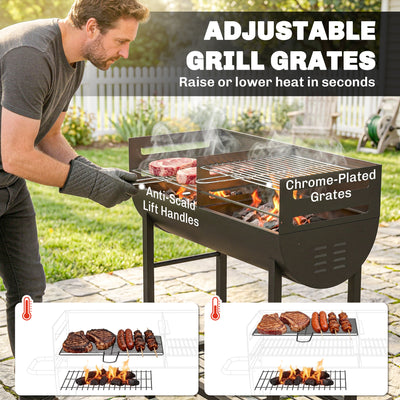 Outsunny Charcoal Barbecue Grill with 2 Cooking Areas, Portable BBQ Trolley with Wheels, Height Adjustable Grates, Bottom Shelf 