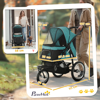 PawHut Foldable Pet Stroller Jogger, with Three Wheels, Canopy, for Medium and Small Dogs, Green 
